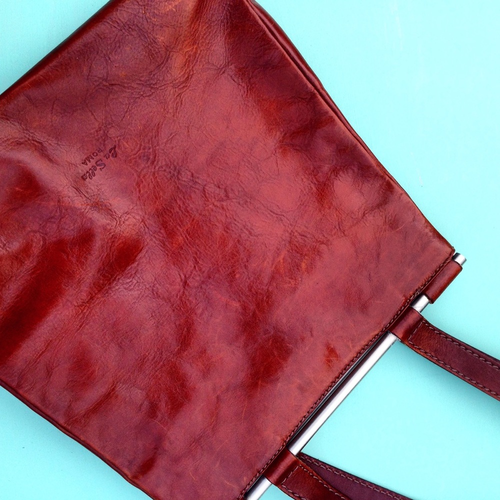 LA SELLA ROMA vintage brown leather handbag purse OS funky unique Italian metal